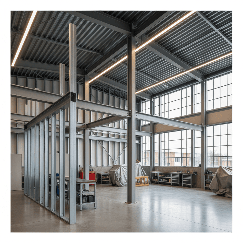 Modern workshop interior with steel frame construction, clean and organized space