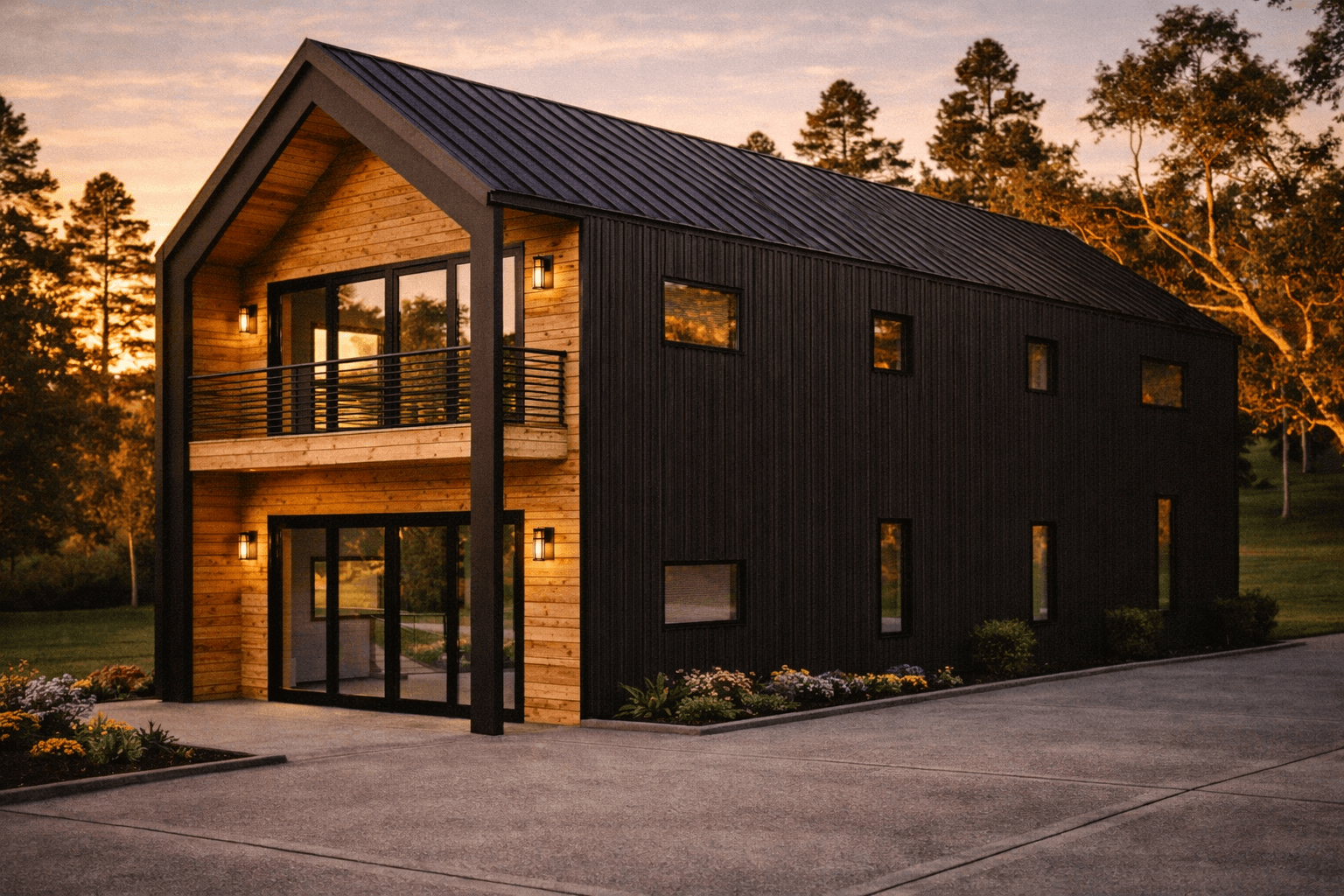 Modern black metal barn house with warm wood accents and a balcony at sunset.