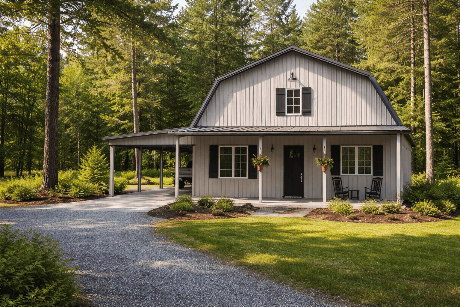 Light gray barn style house with black shutters and a porch, surrounded by green forest.