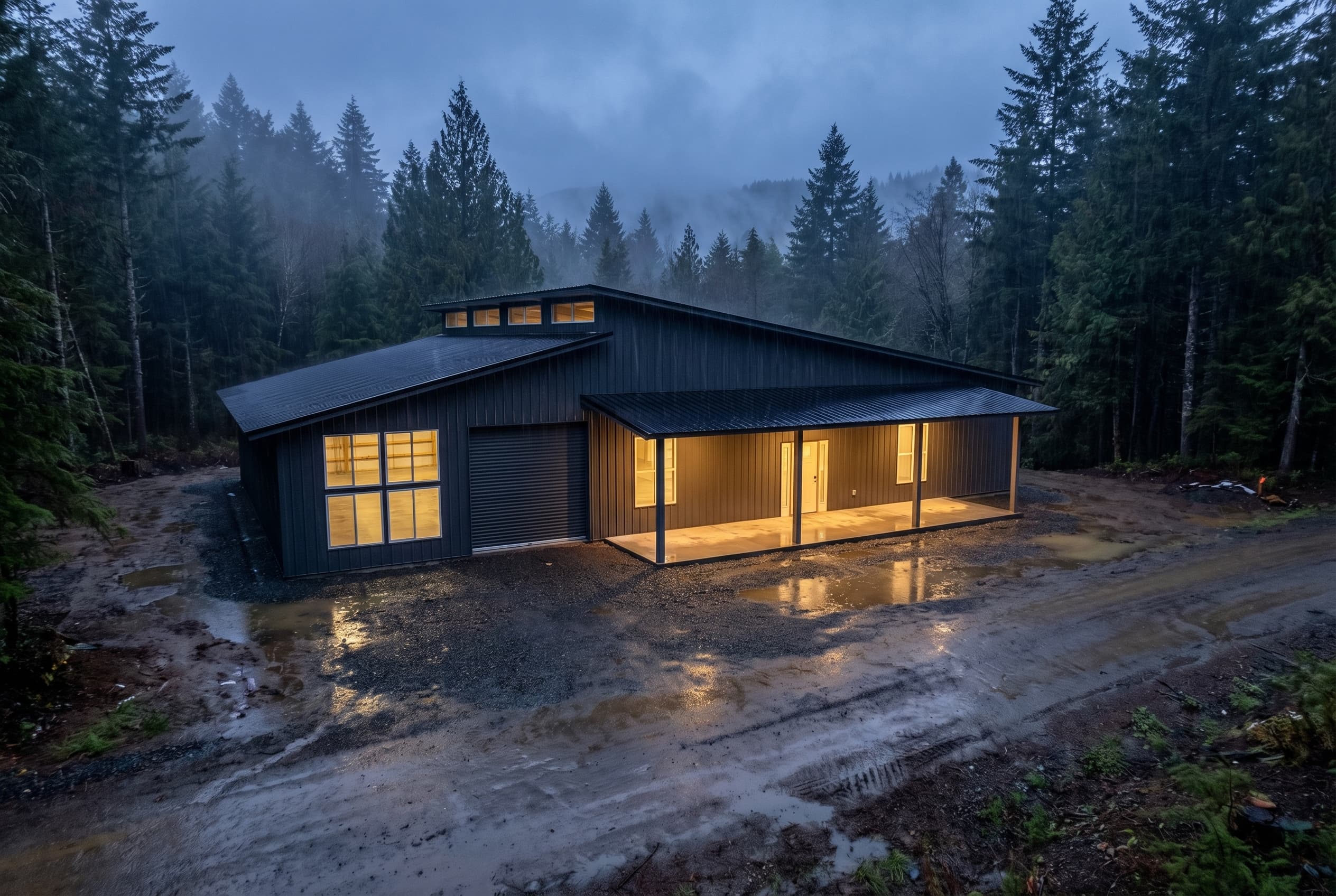 Modern black metal barndominium with glowing windows in a misty evergreen forest at dusk.