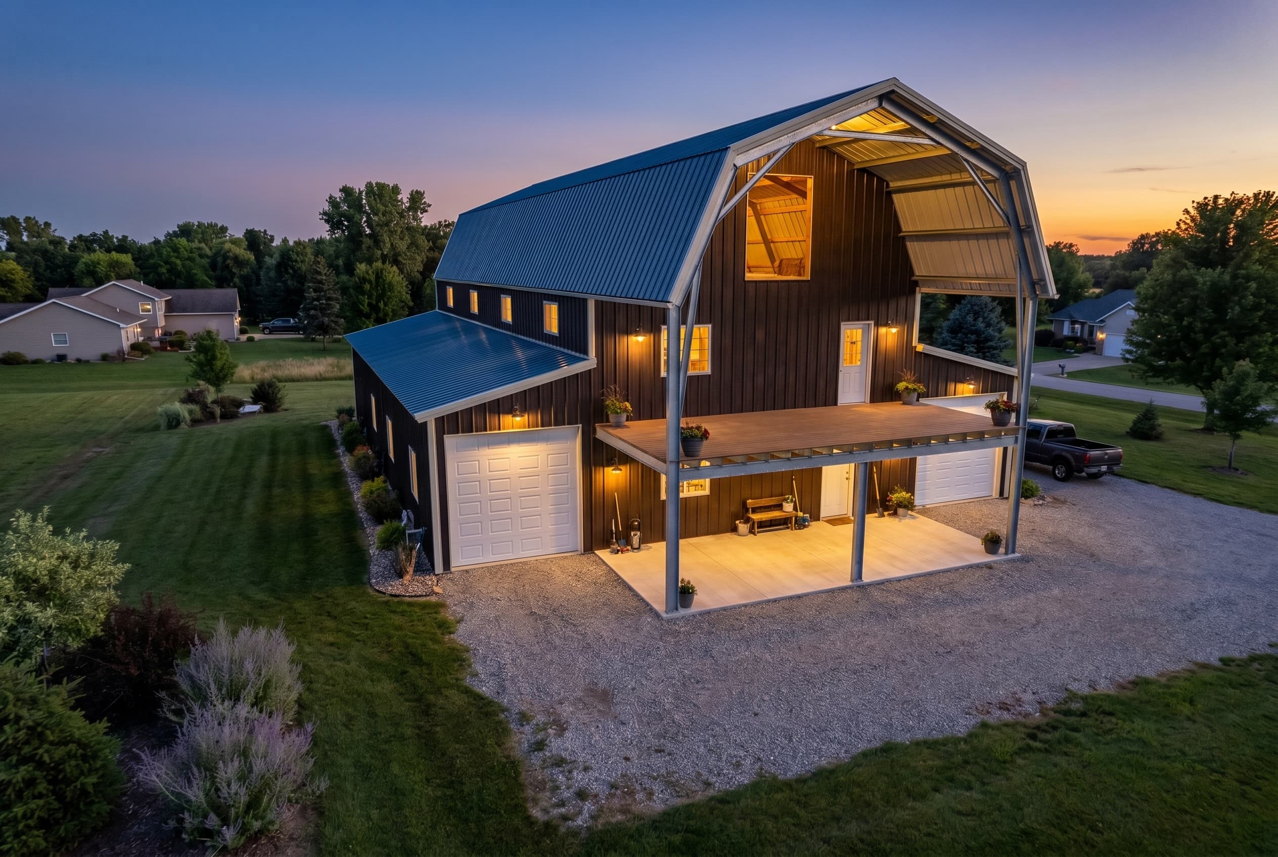 Modern dark barndominium with blue metal roof and balcony illuminated at sunset in rural landscape.